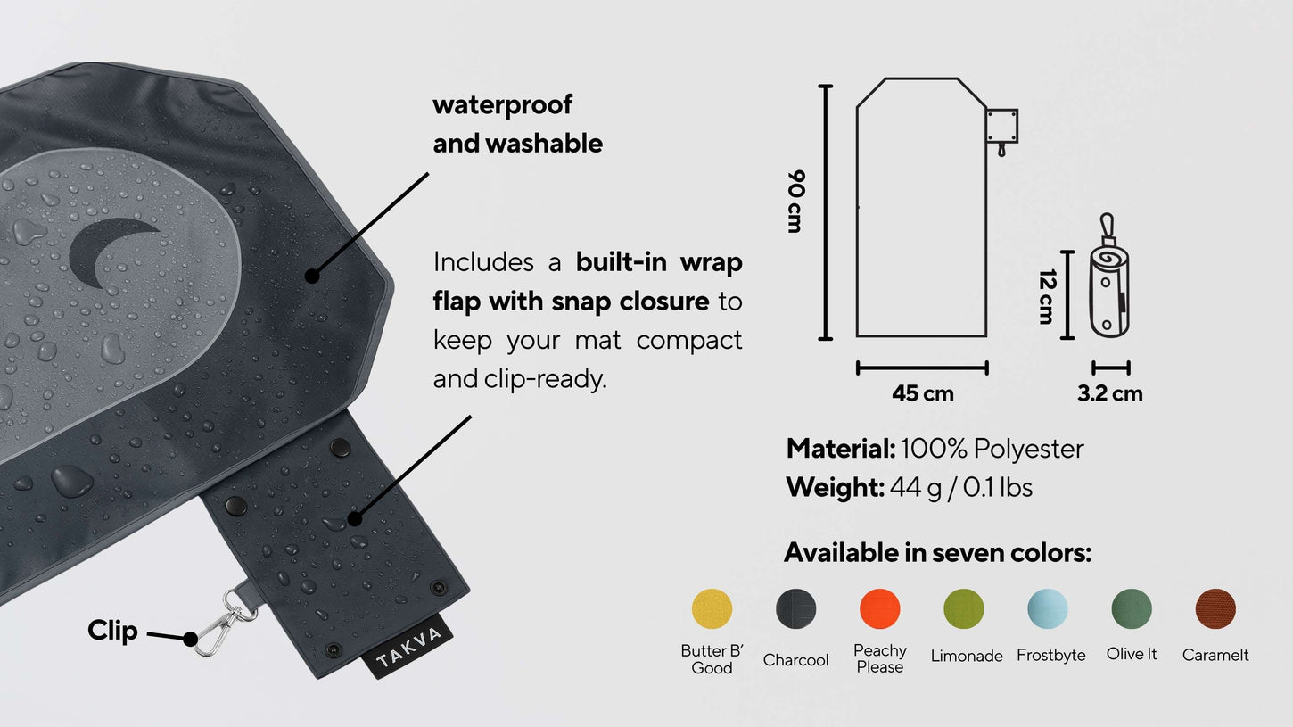 Close-up of SalahTag waterproof portable prayer mat with snap closure, clip, and diagram showing dimensions, weight, and color options